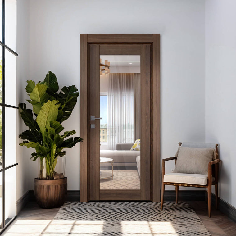 Avon 207 Clear Vetro Pecan Nutwood Frameless Belldinni Modern Interior Door