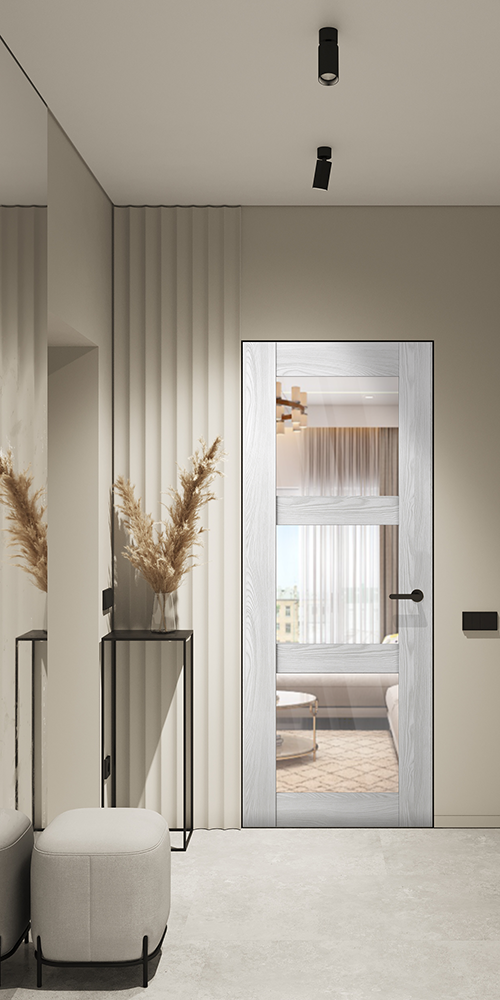 Avon 3 Lite Clear Vetro Ribeira Ash Frameless Belldinni Modern Interior Door