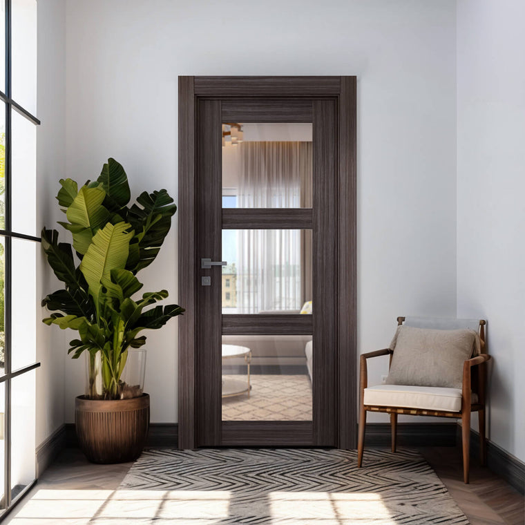Palladio 3 Lite Clear Vetro Gray Oak Belldinni Modern Interior Door