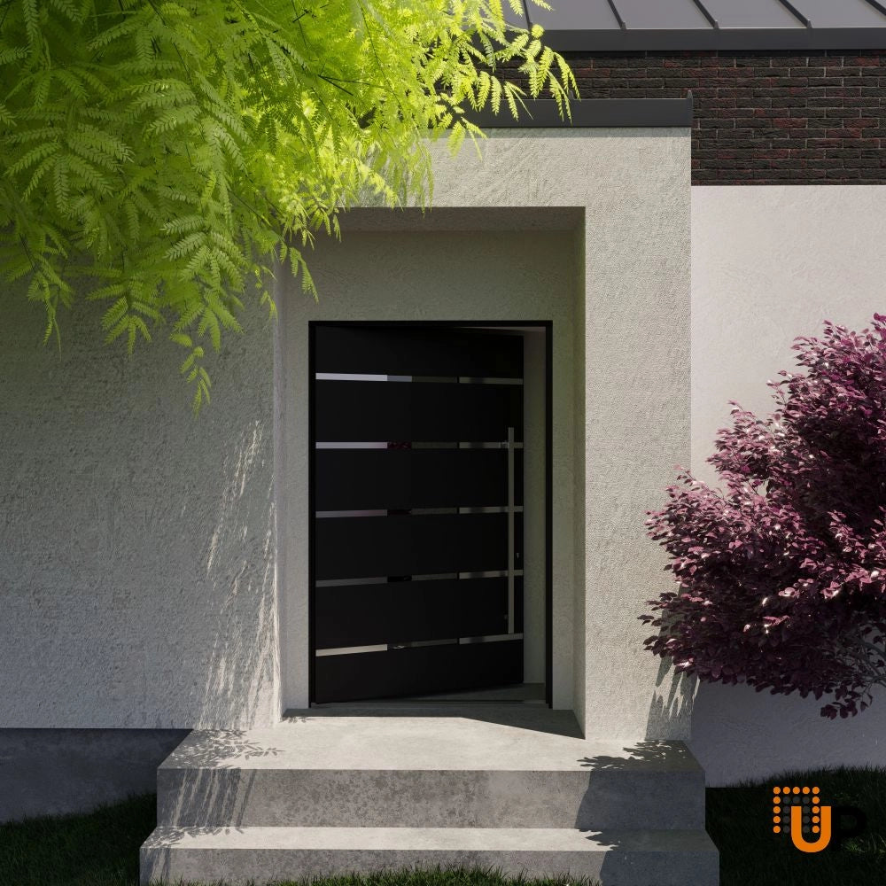 Single pivot metal-aluminum modern exterior door with tinted clear-mirrored glass | Axis 1115
