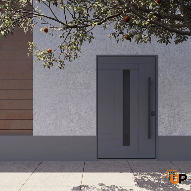 Single pivot metal-aluminum modern exterior door with tinted clear-mirrored glass | Axis 1130