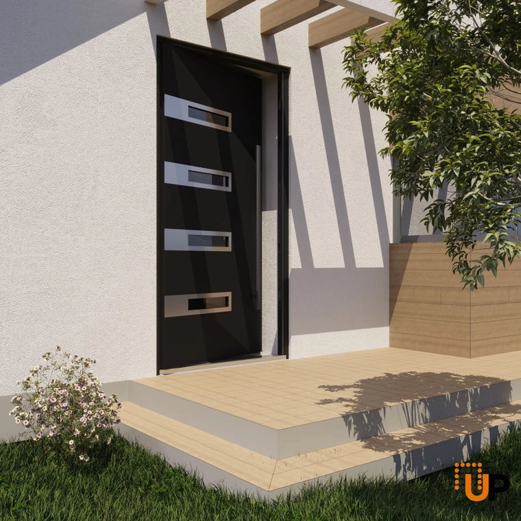 Single pivot metal-aluminum modern exterior door with tinted clear-mirrored glass | Axis 1131