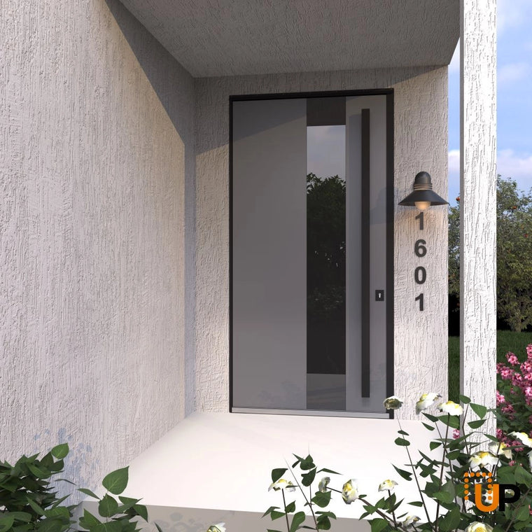 Single pivot metal-aluminum modern exterior door with tinted clear-mirrored glass | Axis 1711