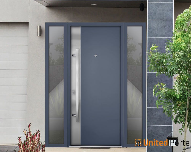 Front Exterior Prehung Steel Door | Stainless Inserts Single Modern Painted Door | Deux 0729