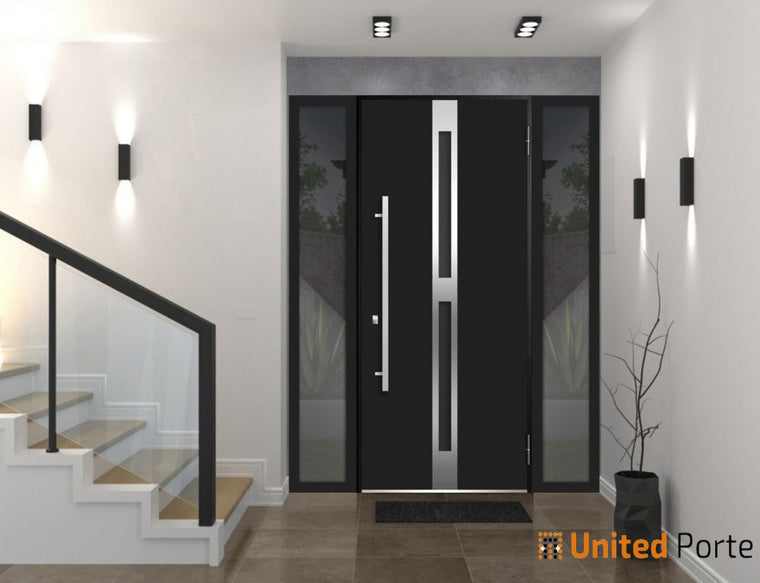 Front Exterior Prehung Steel Door | Stainless Inserts Single Modern Painted Door | Black Enamel | Deux 1755