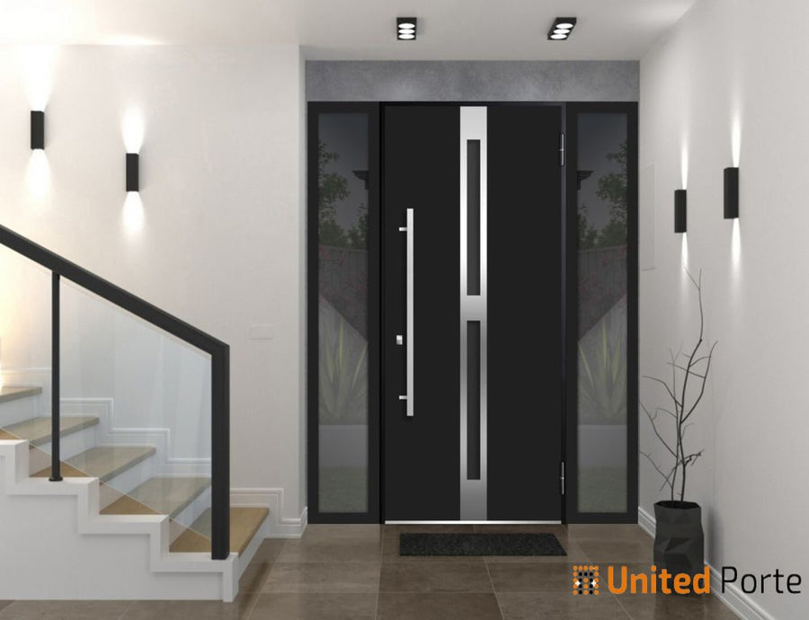 Front Exterior Prehung Steel Door | Stainless Inserts Single Modern Painted Door | Black Enamel | Deux 1755