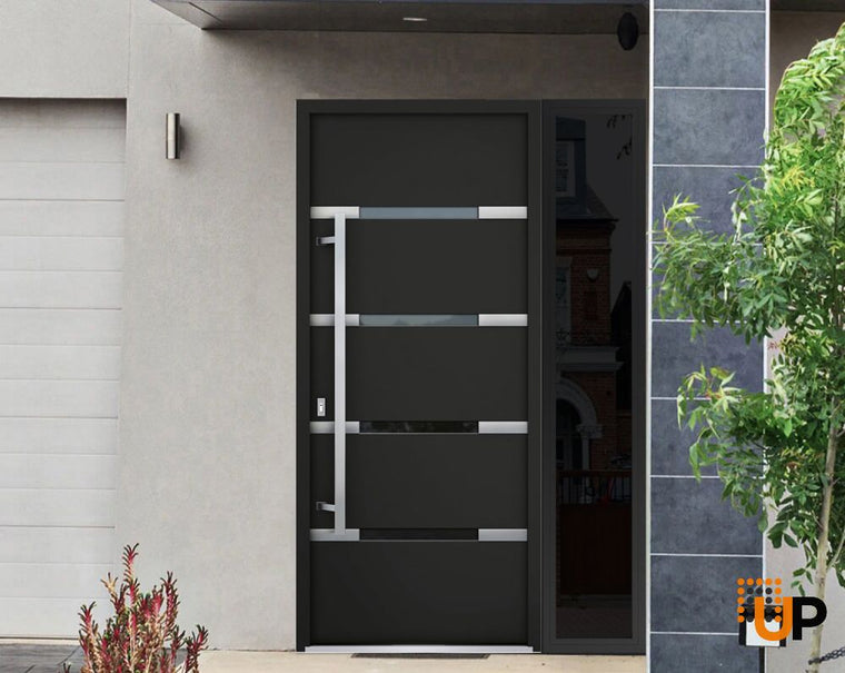 Front Exterior Prehung Steel Door | Stainless Inserts Single Modern Painted Door | Black Enamel | Deux 1105