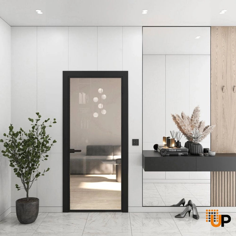 Single Aluminum Glass Swing Modern Aluminum Swing Door with Frosted Glass | Lumo 1800 Black