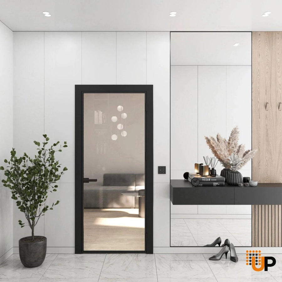 Single Aluminum Glass Swing Modern Aluminum Swing Door with Frosted Glass | Lumo 1800 Black