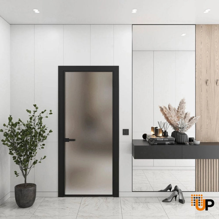 Single Aluminum Glass Swing Modern Aluminum Swing Door with Frosted Glass | Lumo 1900 Black