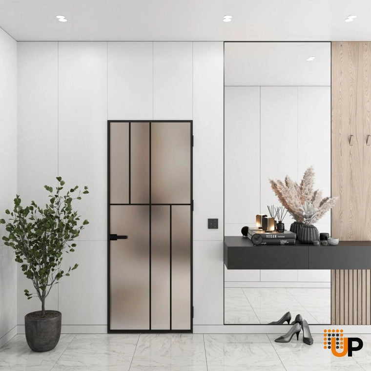 Single Aluminum Glass Swing Modern Aluminum Swing Door with Frosted Glass | Lumo 1906 Black