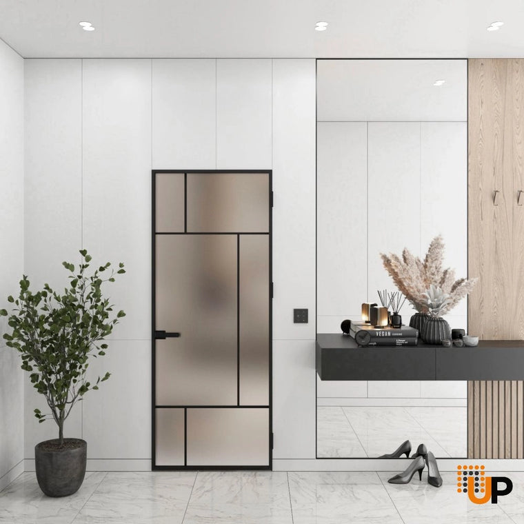 Single Aluminum Glass Swing Modern Aluminum Swing Door with Frosted Glass | Lumo 1907 Black