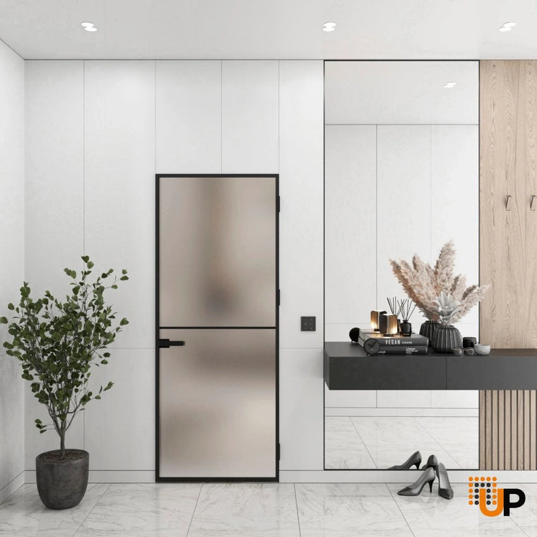 Single Aluminum Glass Swing Modern Aluminum Swing Door with Frosted Glass | Lumo 1911 Black