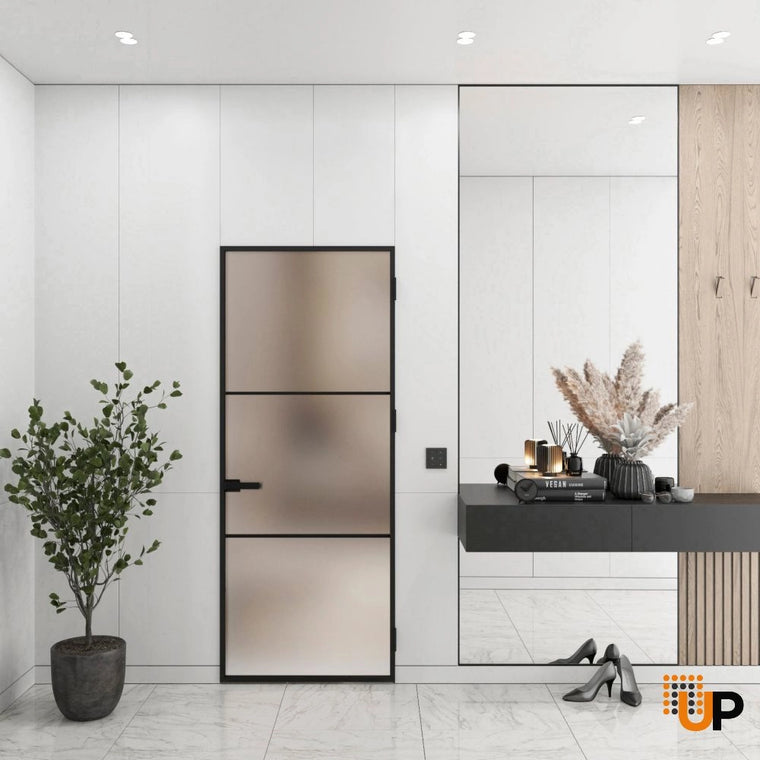 Single Aluminum Glass Swing Modern Aluminum Swing Door with Frosted Glass | Lumo 1912 Black