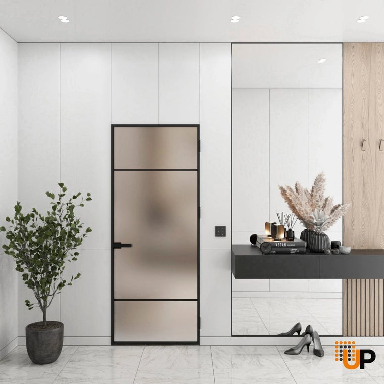 Single Aluminum Glass Swing Modern Aluminum Swing Door with Frosted Glass | Lumo 1915 Black