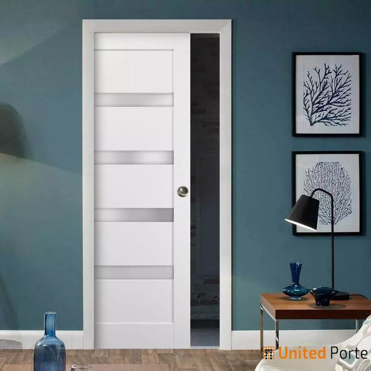 Panel Lite Pocket Door with Frosted Glass | Solid Wood Interior Pantry Kitchen Bedroom Sliding Closet Sturdy Doors | Quadro 4113