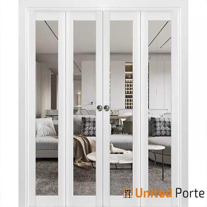 Sliding Closet Bi-fold Door with Clear Glass | Wood Solid Bedroom Wardrobe Doors | Lucia 2166