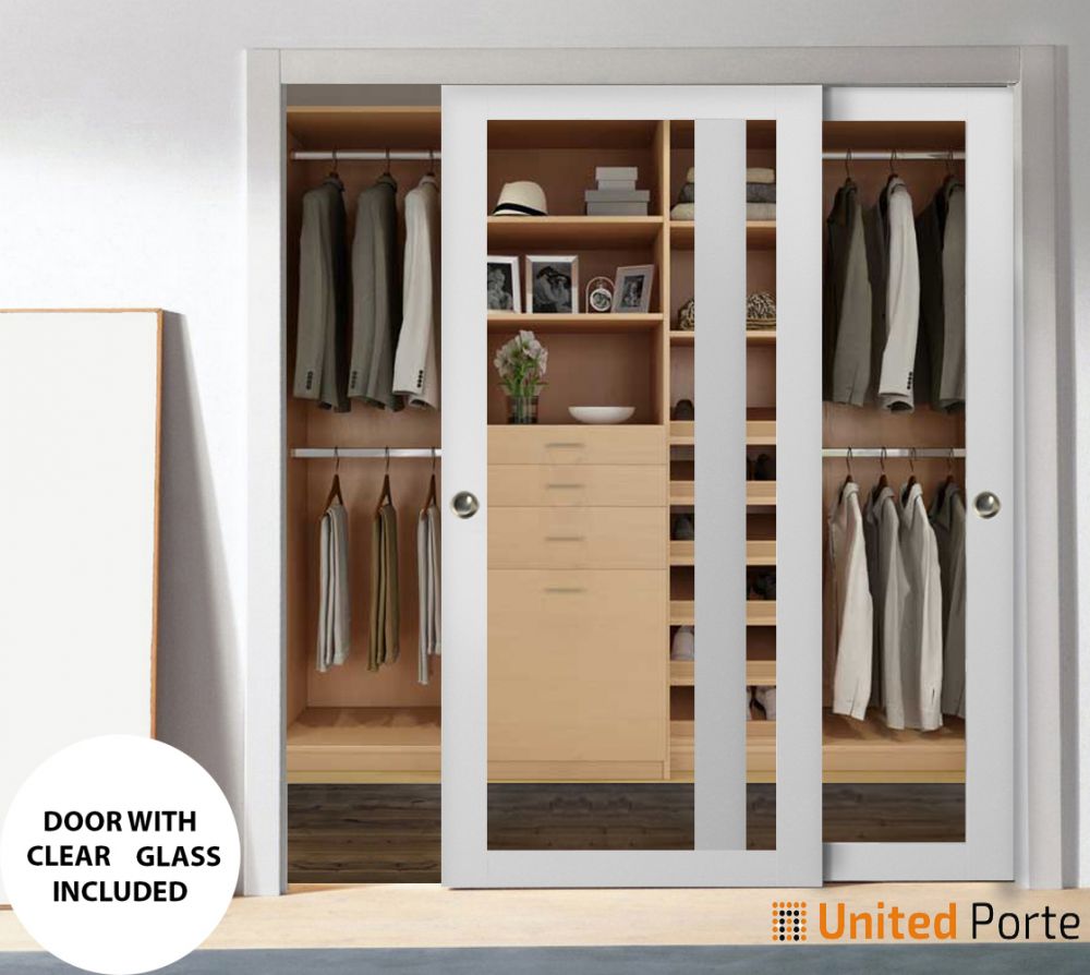 Sliding Closet Bypass Door with Clear Glass | Wood Solid Bedroom Wardrobe Doors | Lucia 2166