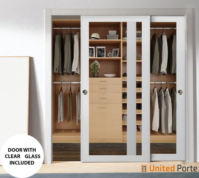 Sliding Closet Bypass Door with Clear Glass | Wood Solid Bedroom Wardrobe Doors | Lucia 2166
