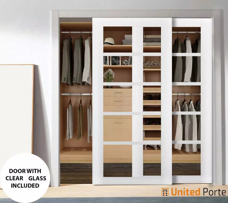 Sliding Closet Bypass Door with Clear Glass | Wood Solid Bedroom Wardrobe Doors | Quadro 4522