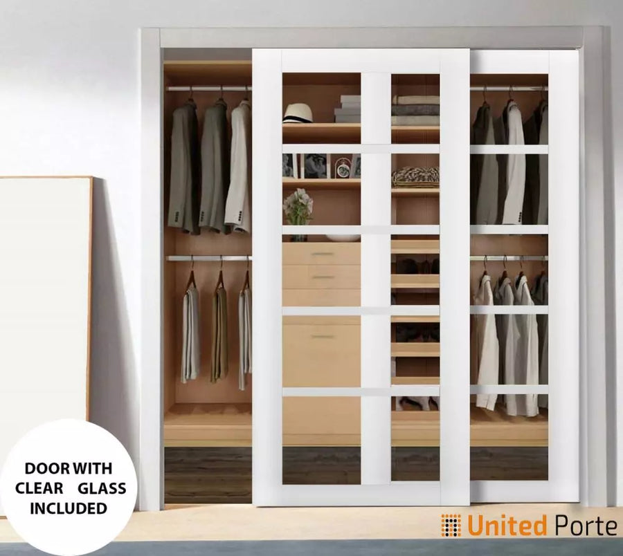 Sliding Closet Bypass Door with Clear Glass | Wood Solid Bedroom Wardrobe Doors | Quadro 4522