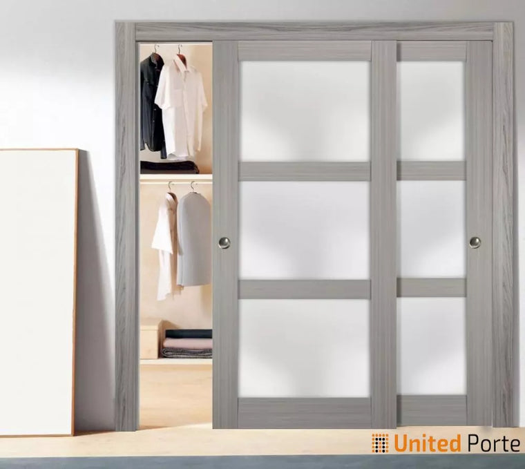 Sliding Closet Bypass Doors with Frosted Glass | Wood Solid Bedroom Wardrobe Doors | Lucia 2552