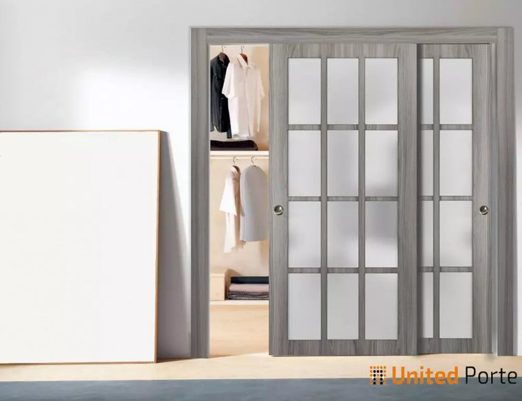 Sliding Closet Bypass Door with 12 Lites Frosted Glass | Wood Solid Bedroom Wardrobe Doors | Felicia 3312