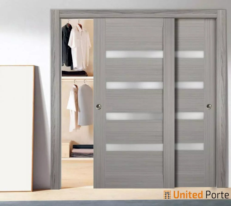 Sliding Closet Bypass Door with Frosted Glass | Wood Solid Bedroom Wardrobe Doors | Quadro 4113