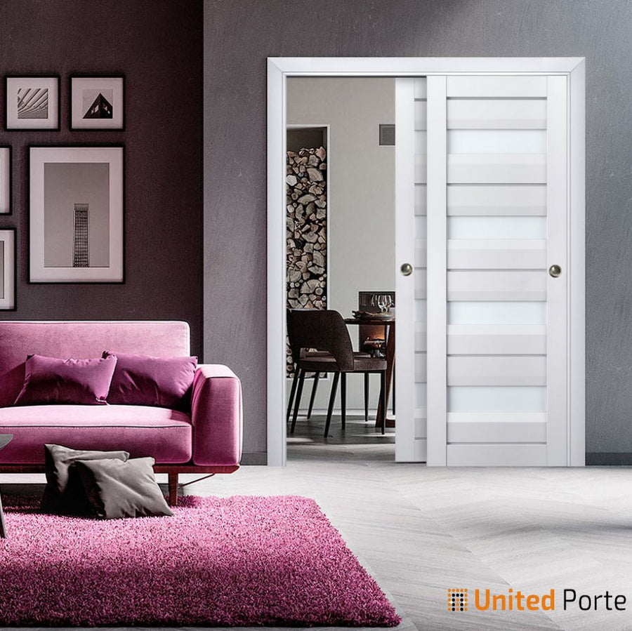 Sliding Closet Bypass Doors with Frosted Glass | Wood Solid Bedroom Wardrobe Doors | Veregio 7455