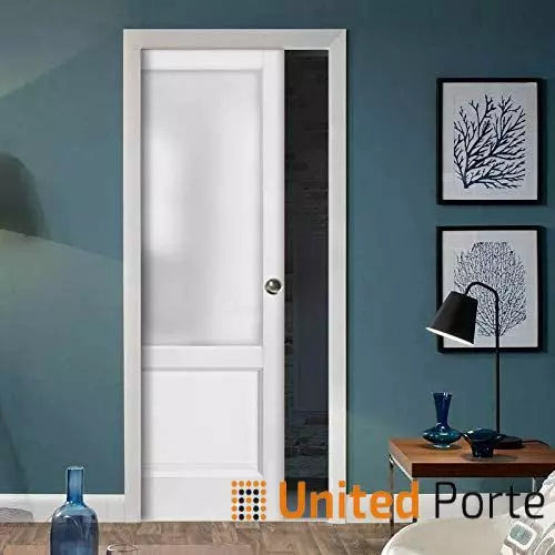 Sliding French Pocket Door with Frosted Glass | Solid Wood Interior Bedroom Sturdy Doors | Lucia 0022