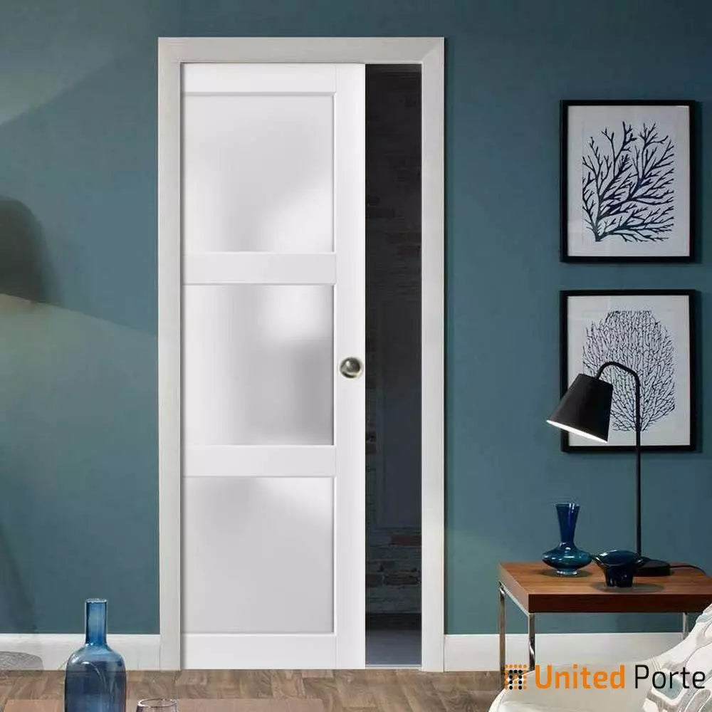 Sliding French Pocket Door with Frosted Glass | Solid Wood Interior Bedroom Sturdy Doors | Lucia 2552