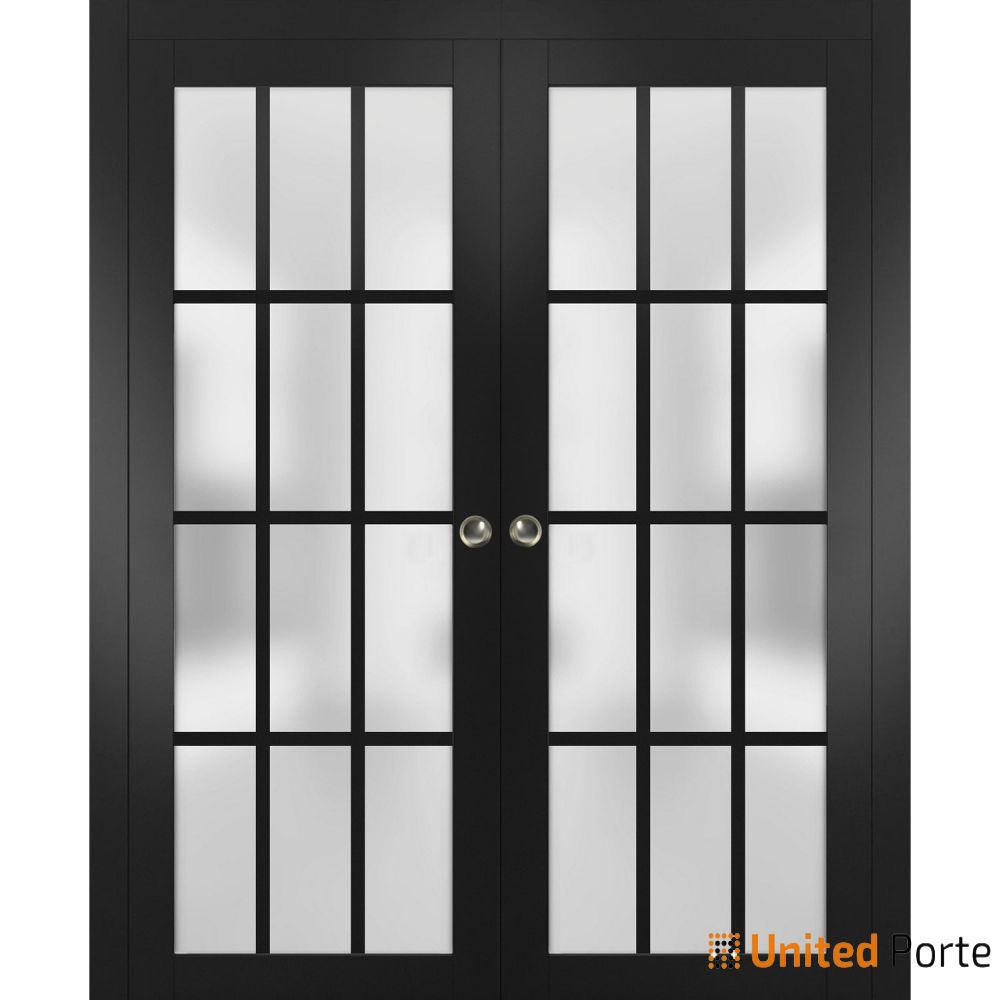 Sliding French Pocket Door with 12 Lites Frosted Glass Solid Wood