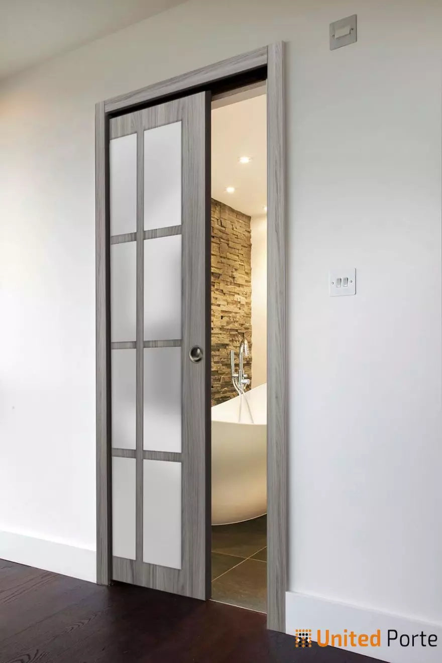 Sliding French Pocket Door with 12 Lites Frosted Glass | Solid Wood Interior Bedroom Sturdy Doors | Felicia 3312