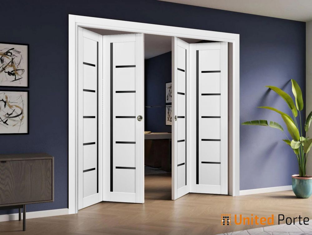Sliding Closet Bi-fold Doors with Black Glass | Wood Solid Bedroom Wardrobe Doors | Quadro 4588