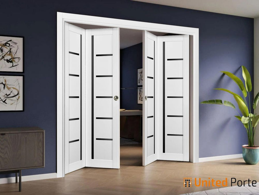 Sliding Closet Bi-fold Doors with Black Glass | Wood Solid Bedroom Wardrobe Doors | Quadro 4588