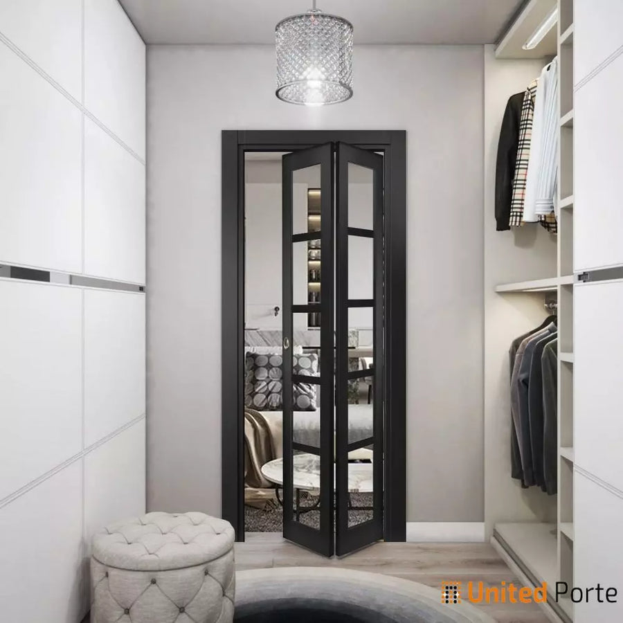 Sliding Closet Bi-fold Door with Clear Glass | Wood Solid Bedroom Wardrobe Doors | Quadro 4522