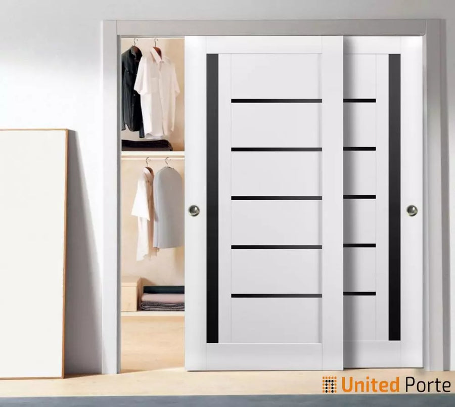 Sliding Closet Bypass Door with Black Glass | Wood Solid Bedroom Wardrobe Doors | Quadro 4588