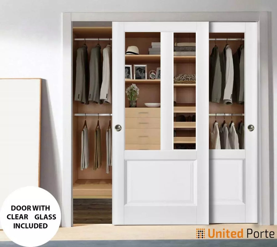 Sliding Closet Bypass Doors with Clear Glass | Wood Solid Bedroom Wardrobe Doors | Lucia 1533