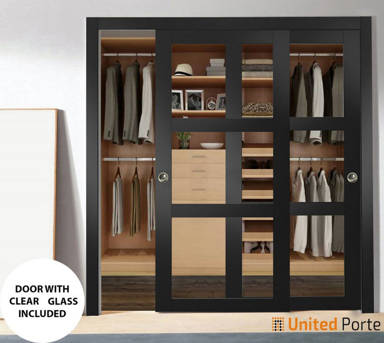 Sliding Closet Bypass Door with Clear Glass | Wood Solid Bedroom Wardrobe Doors | Lucia 2555