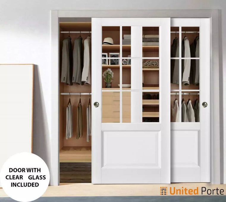 Sliding Closet Bypass Doors with Clear Glass | Wood Solid Bedroom Wardrobe Doors | Felicia 3599