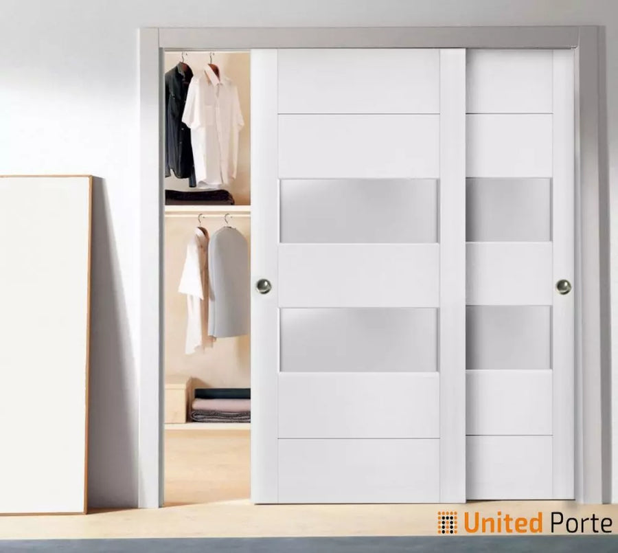 Sliding Closet Bypass Doors with Frosted Glass | Wood Solid Bedroom Wardrobe Doors | Lucia 4010