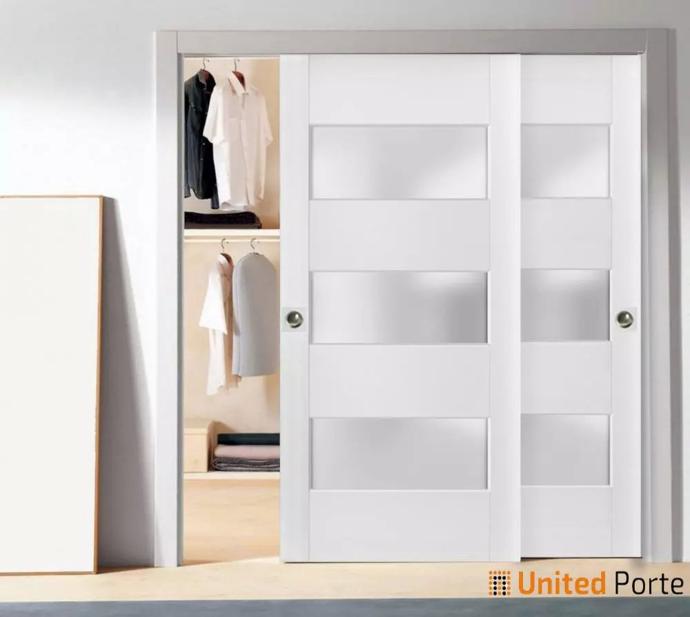 Sliding Closet Bypass Door with Frosted Glass | Wood Solid Bedroom Wardrobe Doors | Lucia 4070