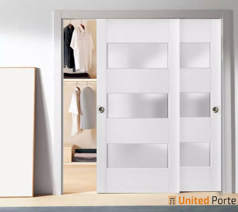 Sliding Closet Bypass Door with Frosted Glass | Wood Solid Bedroom Wardrobe Doors | Lucia 4070