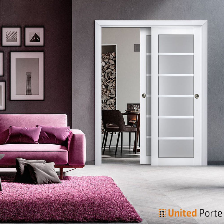 Sliding Closet Bypass Doors with Frosted Glass | Wood Solid Bedroom Wardrobe Doors | Veregio 7602
