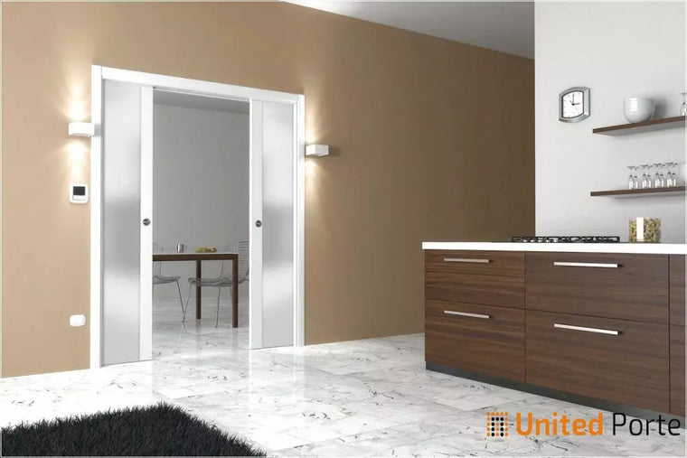 Sliding Double Pocket Door with  Frosted Tempered Glass | Solid Wood Interior Sturdy Doors |  Planum 4114