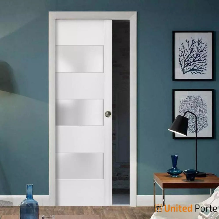 Sliding French Pocket Door with Frosted Glass | Solid Wood Interior Bedroom Sturdy Doors | Lucia 4070