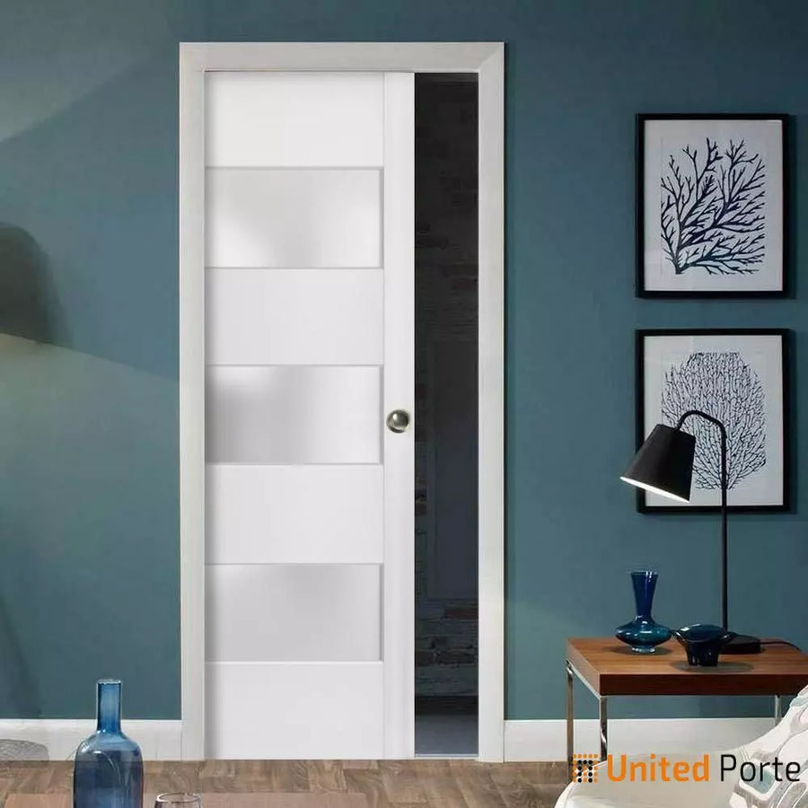 Sliding French Pocket Door with Frosted Glass | Solid Wood Interior Bedroom Sturdy Doors | Lucia 4070