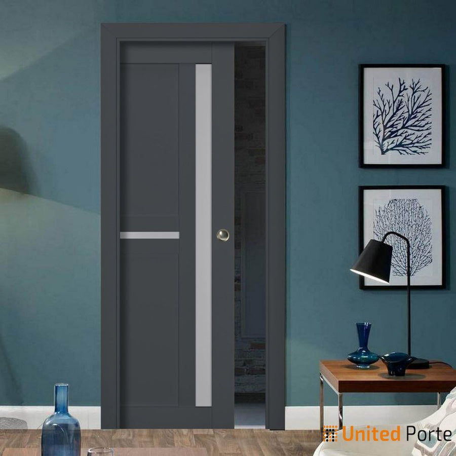 Sliding French Pocket Door with Frosted Glass | Solid Wood Interior Bedroom Sturdy Doors | Veregio 7288